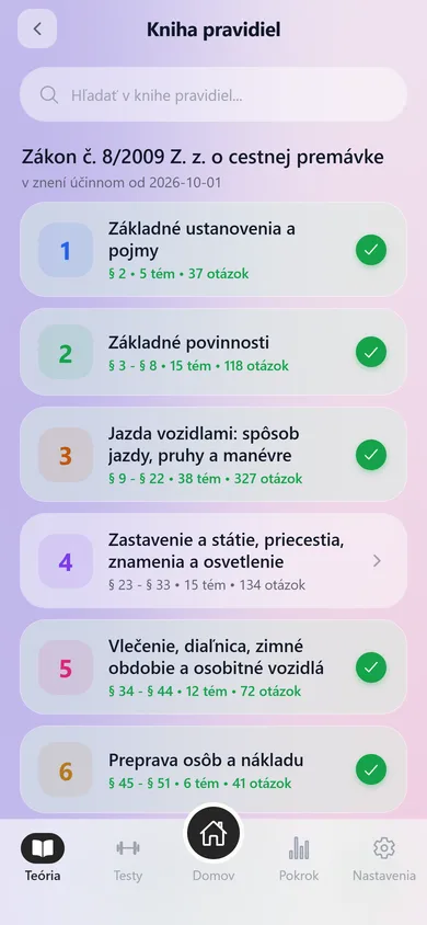 Kniha pravidiel v aplikácii AutoTeória SK: hlavy zákona o cestnej premávke s paragrafmi a počtom otázok, prečítané označené.