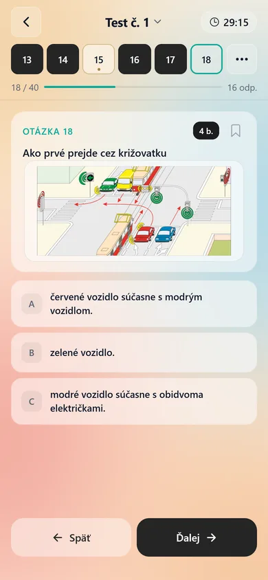Skúšobný test v aplikácii AutoTeória SK: otázka 18 s obrázkom križovatky, zodpovedané otázky v prehľade, jedna vynechaná a časovač.