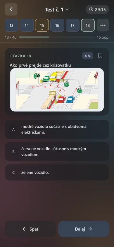 Skúšobný test v aplikácii AutoTeória SK: otázka 18 s obrázkom križovatky, zodpovedané otázky v prehľade, jedna vynechaná a časovač.