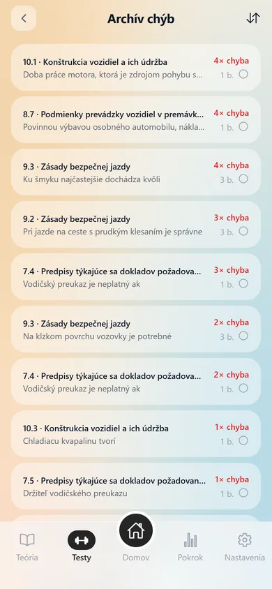 Archív chýb v aplikácii AutoTeória SK: otázky zoradené podľa počtu chýb.