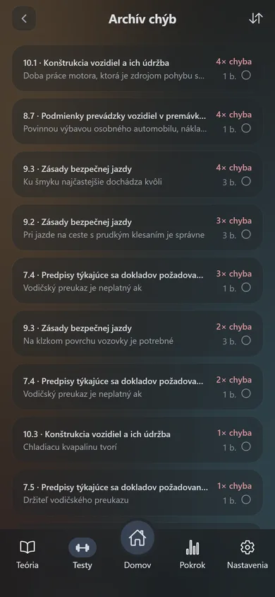 Archív chýb v aplikácii AutoTeória SK: otázky zoradené podľa počtu chýb.