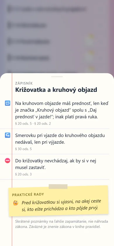 Otvorený Zápisník Križovatka a kruhový objazd s poznámkami k paragrafom a s praktickými radami.
