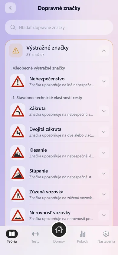 Katalóg dopravných značiek v aplikácii AutoTeória SK: výstražné značky s obrázkami a významom.
