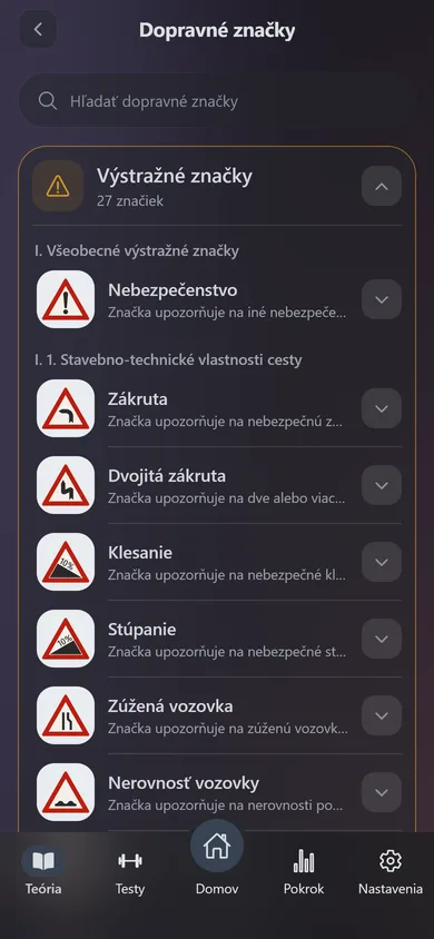 Katalóg dopravných značiek v aplikácii AutoTeória SK: výstražné značky s obrázkami a významom.