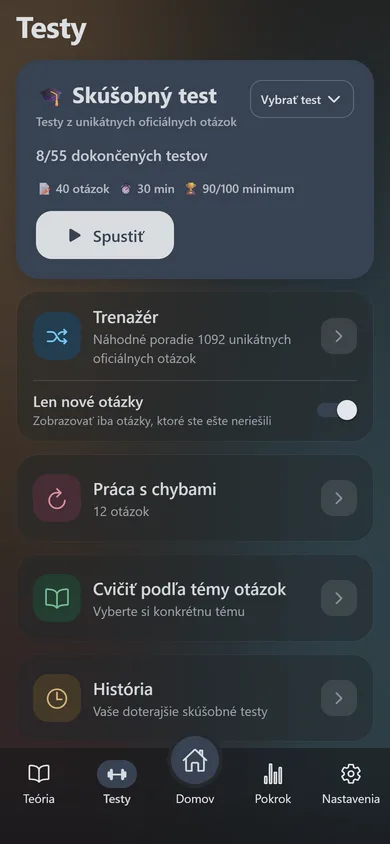Záložka Testy v aplikácii AutoTeória SK na iPhone: 39 z 55 dokončených testov a Trenažér so zapnutými len novými otázkami.